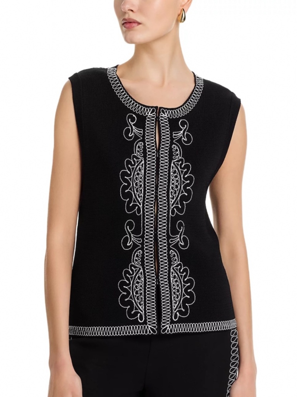 Elie Tahari The Cassia Embroidered Top Vest Noir/White SZ XL